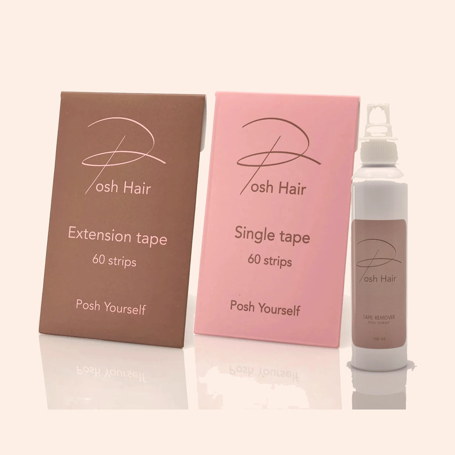 Posh Hairs tre tillbehör: Extension tape, Single tape och Tape Remover